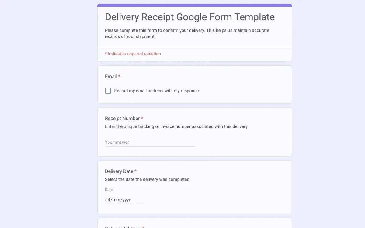 Preview of Delivery Receipt Google Form Template
