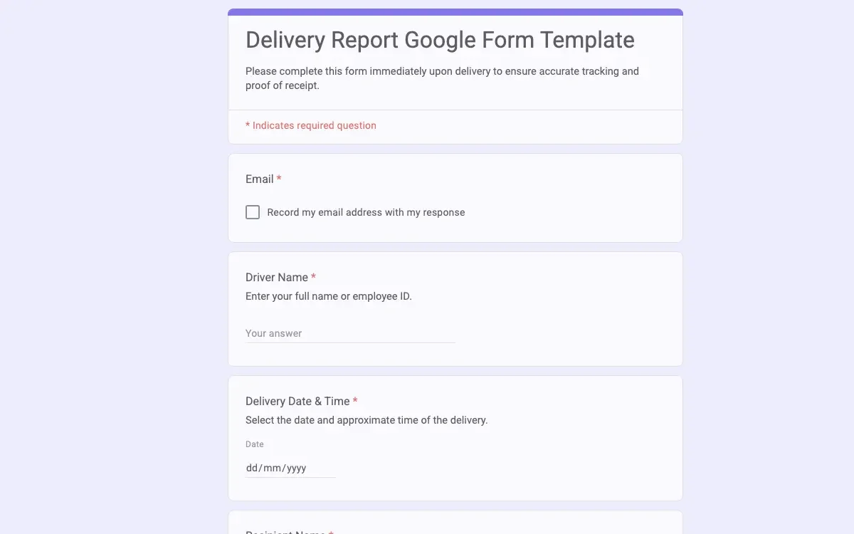 Preview of Delivery Report Google Form Template