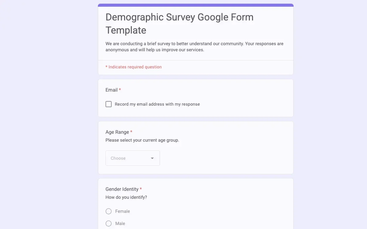 Preview of Demographic Survey Google Form Template
