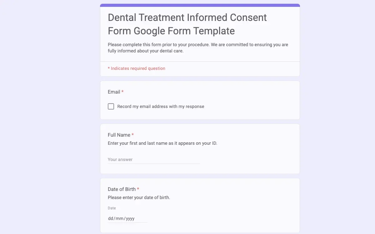 Preview of Dental Treatment Informed Consent Form Google Form Template