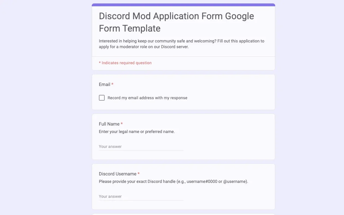 Preview of Discord Mod Application Form Google Form Template