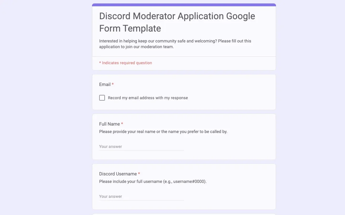 Preview of Discord Moderator Application Google Form Template