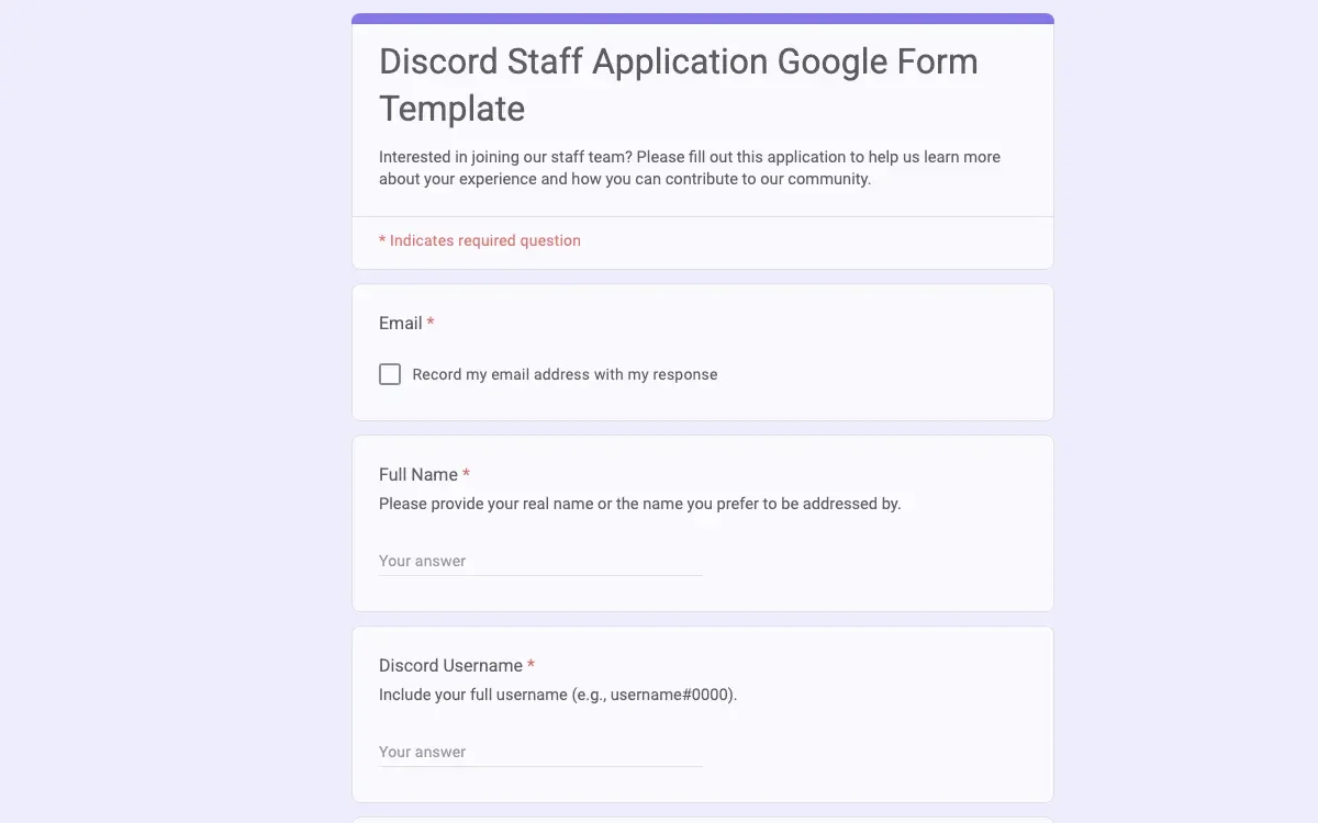 Preview of Discord Staff Application Google Form Template