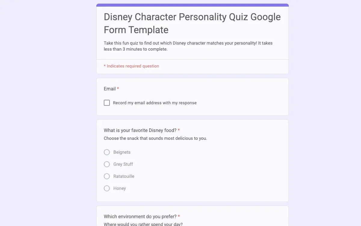 Preview of Disney Character Personality Quiz Google Form Template