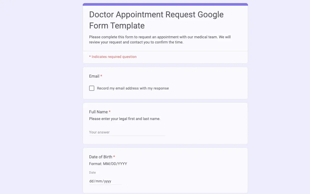 Preview of Doctor Appointment Request Google Form Template