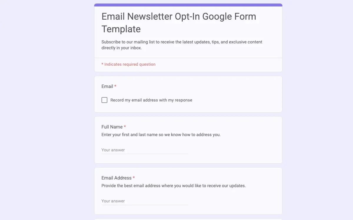 Preview of Email Newsletter Opt-In Google Form Template