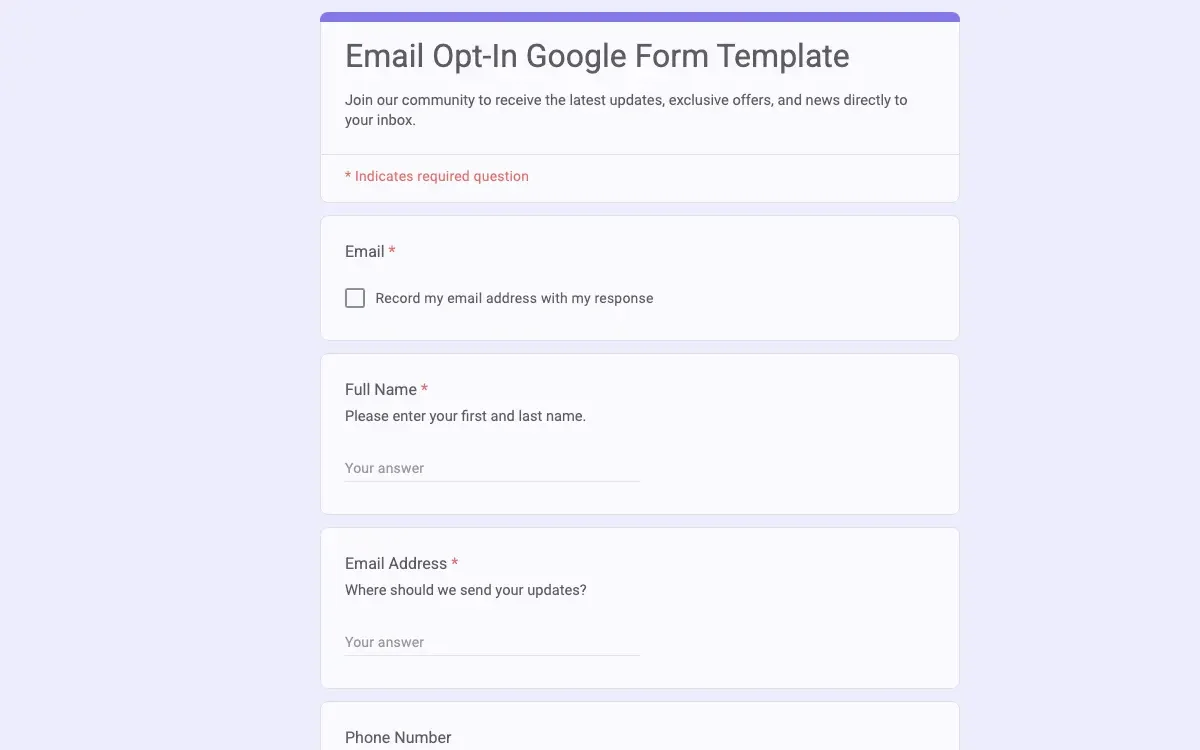 Preview of Email Opt-In Google Form Template