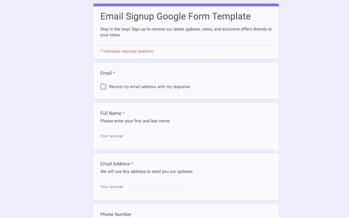 Preview of Email Signup Google Form Template