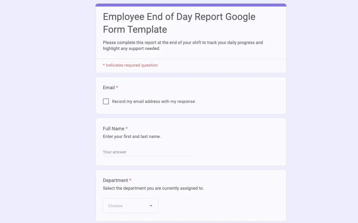 Preview of Employee End of Day Report Google Form Template