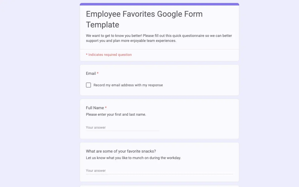 Preview of Employee Favorites Google Form Template
