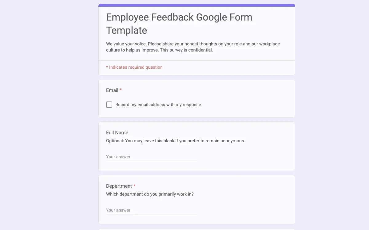 Preview of Employee Feedback Google Form Template