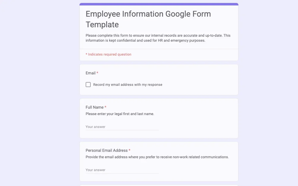 Preview of Employee Information Google Form Template