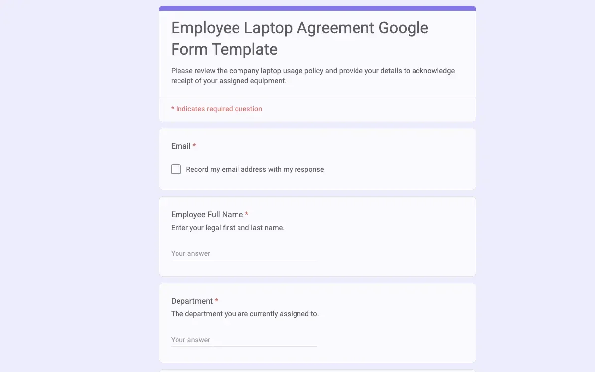 Preview of Employee Laptop Agreement Google Form Template
