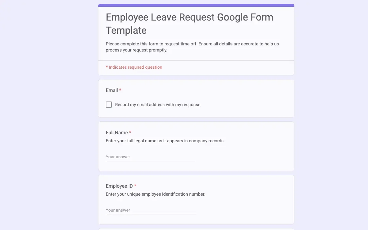 Preview of Employee Leave Request Google Form Template