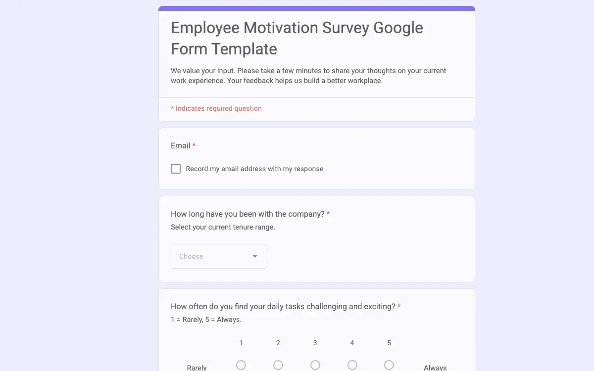 Preview of Employee Motivation Survey Google Form Template