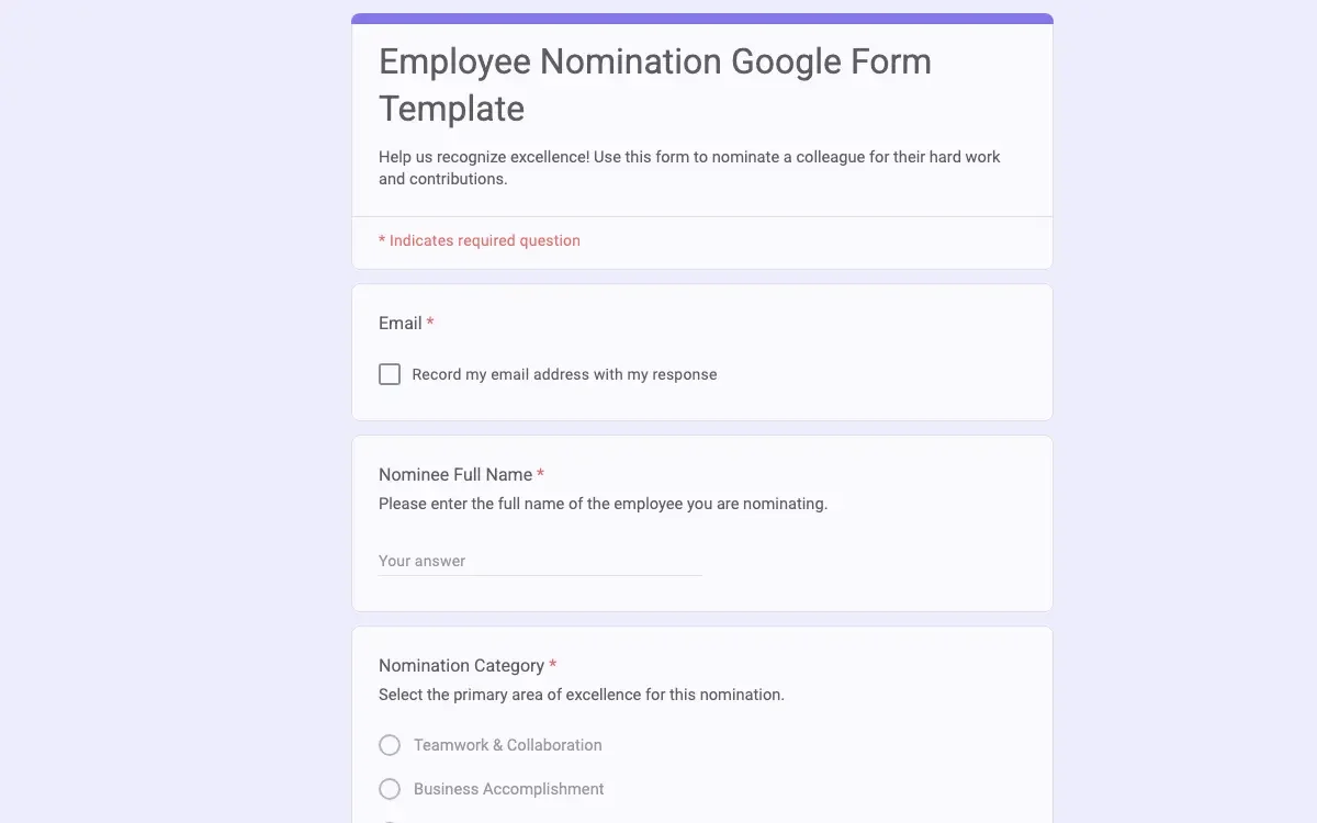 Preview of Employee Nomination Google Form Template