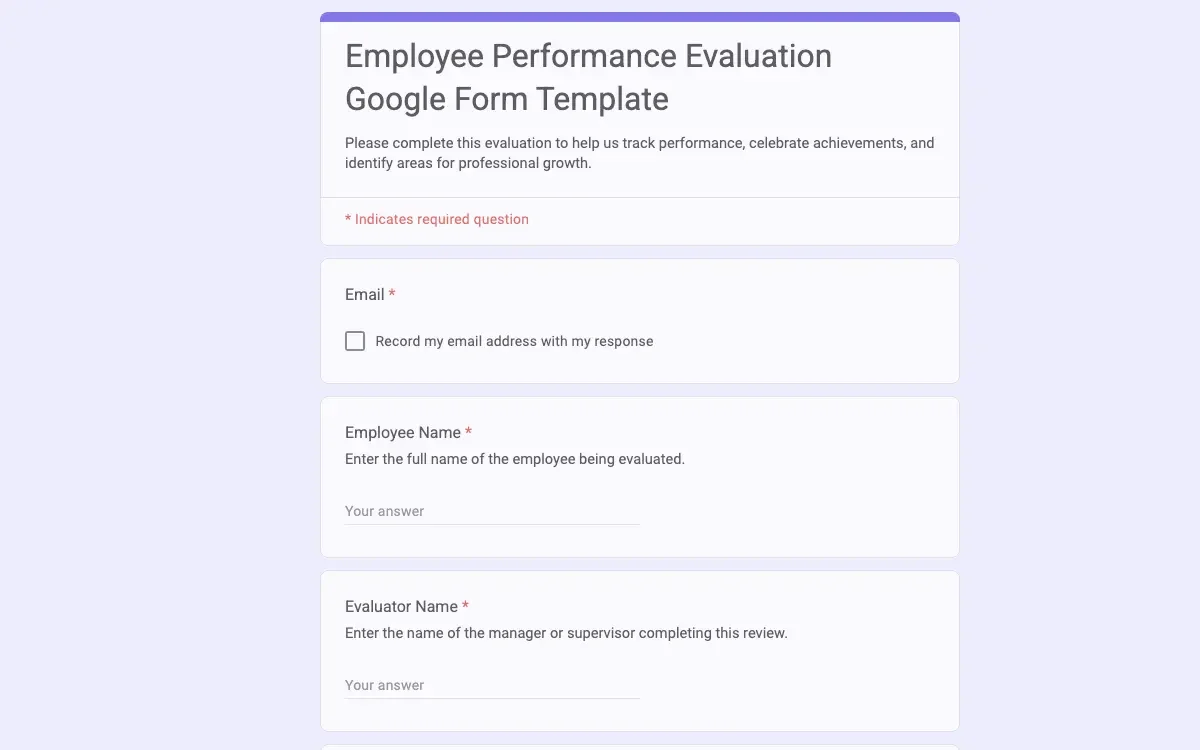 Preview of Employee Performance Evaluation Google Form Template