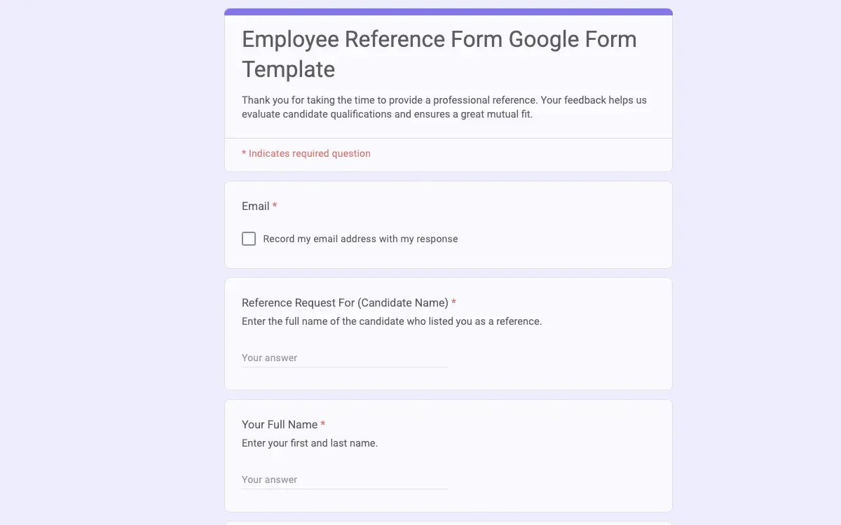 Preview of Employee Reference Form Google Form Template