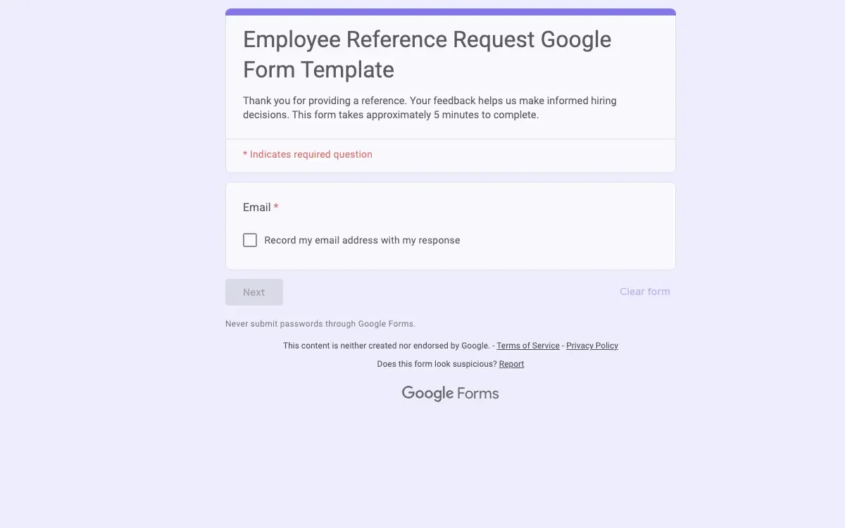Preview of Employee Reference Request Google Form Template