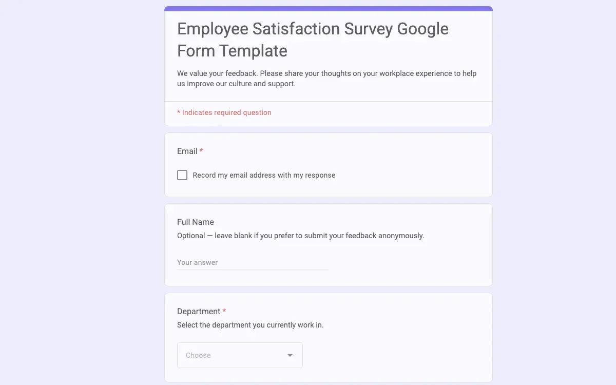 Preview of Employee Satisfaction Survey Google Form Template