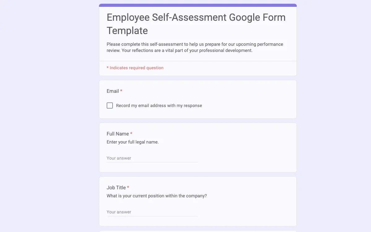 Preview of Employee Self-Assessment Google Form Template