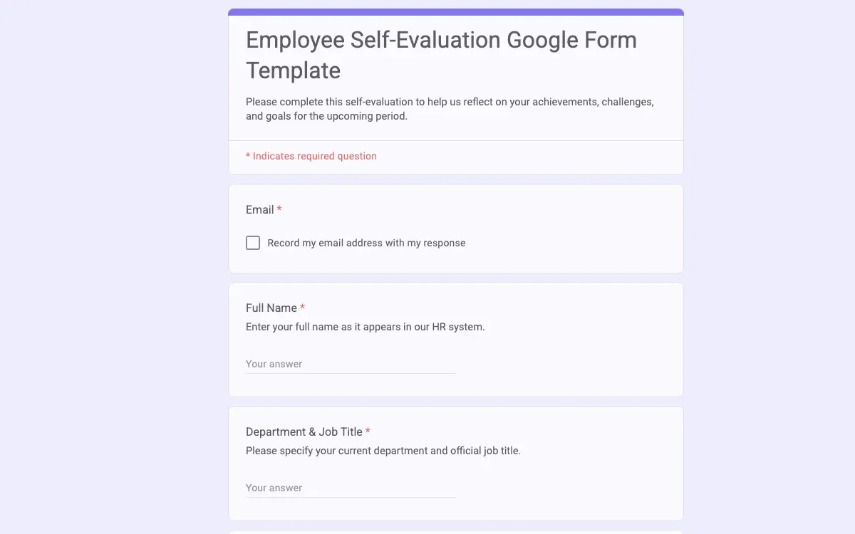 Preview of Employee Self-Evaluation Google Form Template