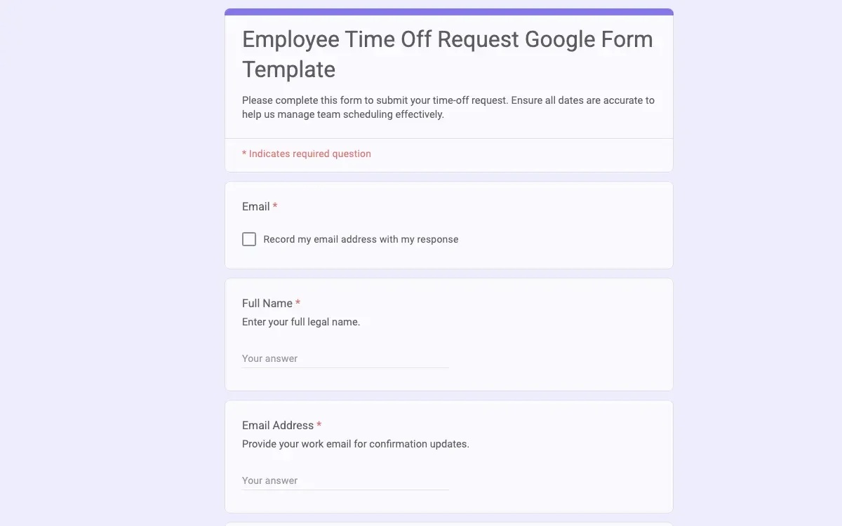 Preview of Employee Time Off Request Google Form Template