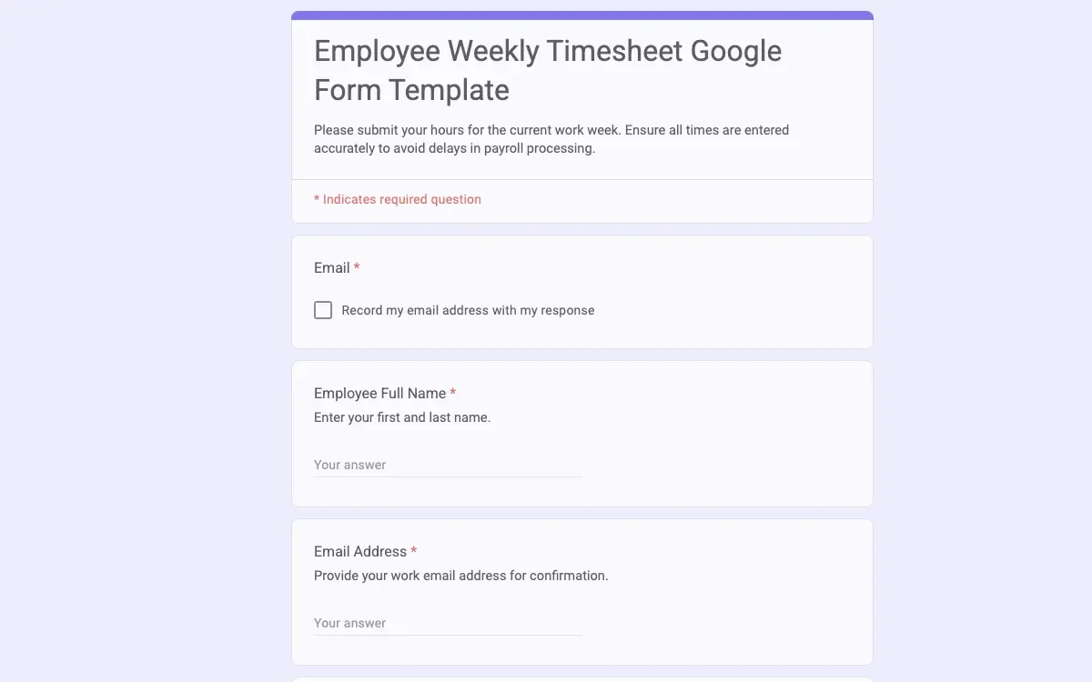 Preview of Employee Weekly Timesheet Google Form Template