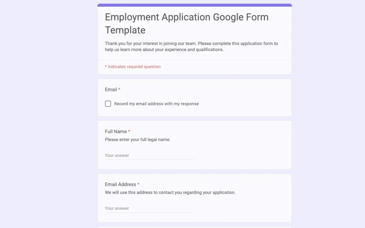 Preview of Employment Application Google Form Template