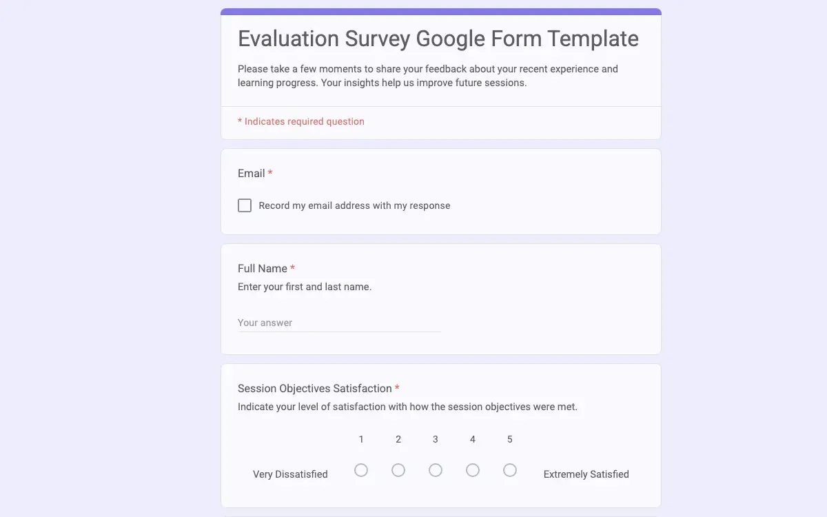 Preview of Evaluation Survey Google Form Template