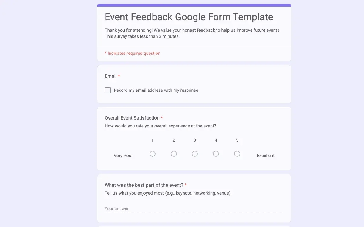 Preview of Event Feedback Google Form Template