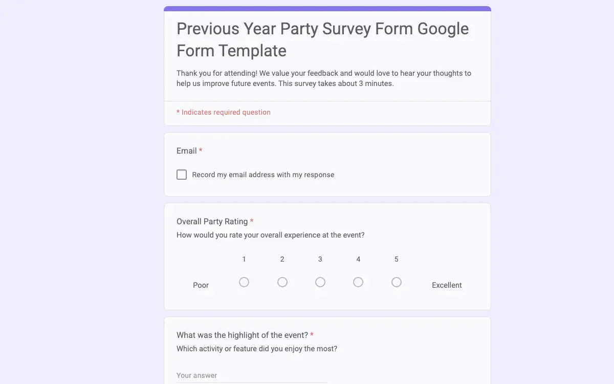 Preview of Previous Year Party Survey Form Google Form Template