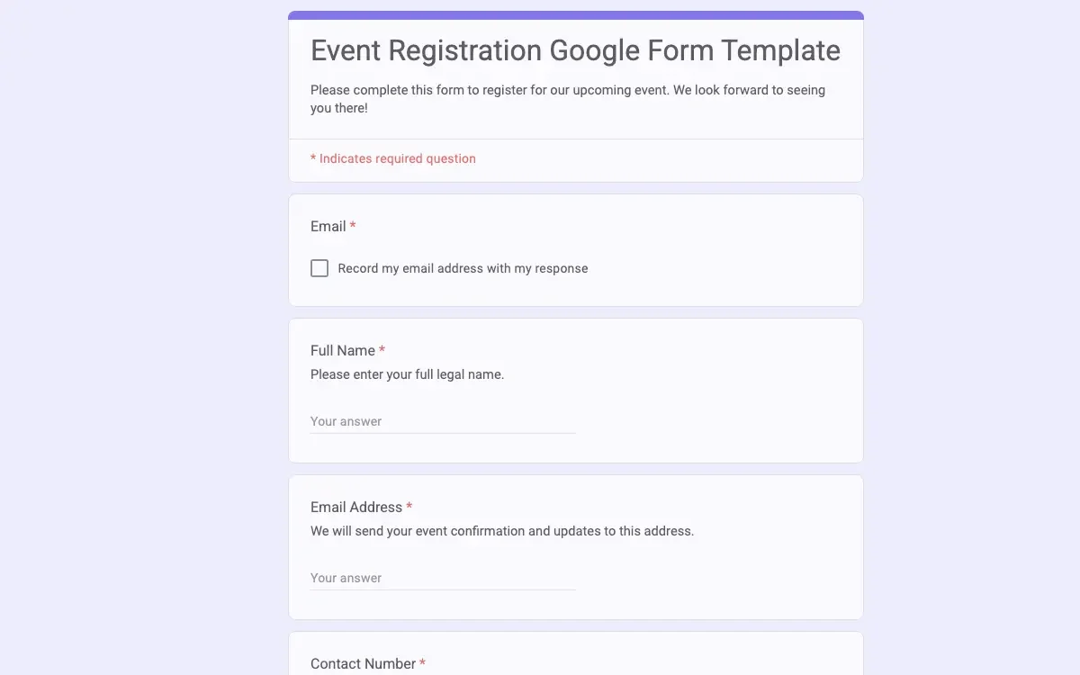 Preview of Event Registration Google Form Template