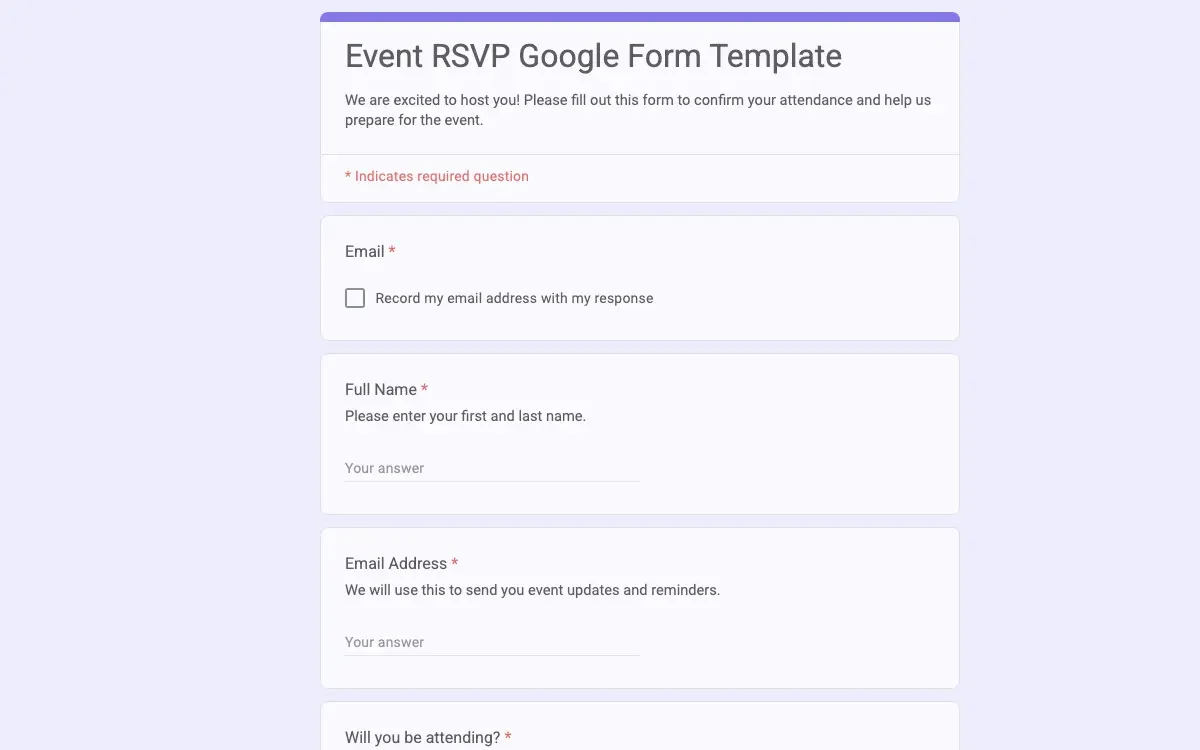 Preview of Event RSVP Google Form Template