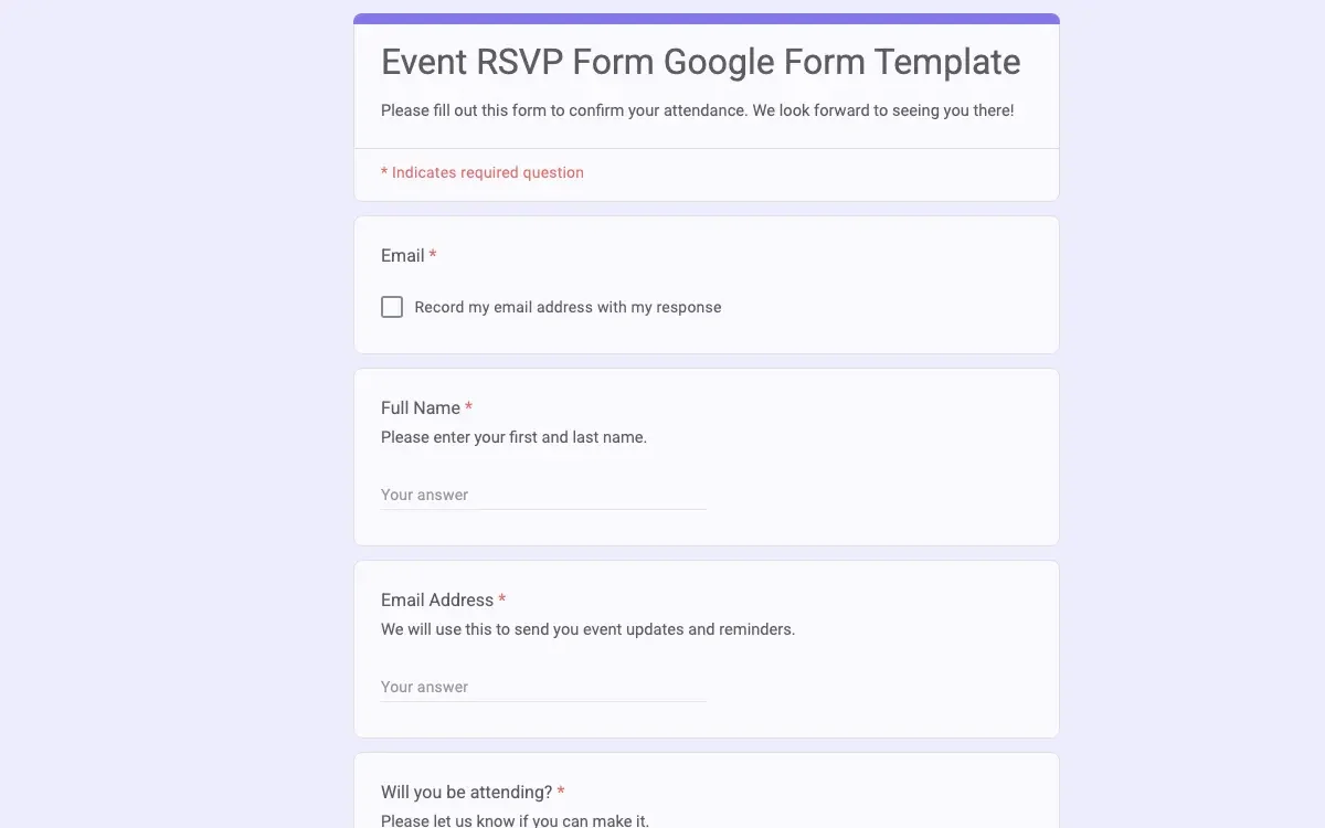 Preview of Event RSVP Form Google Form Template