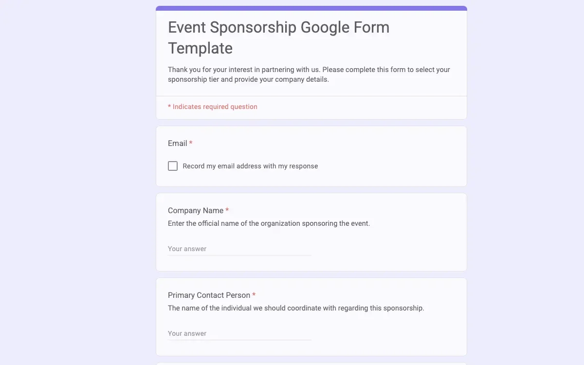 Preview of Event Sponsorship Google Form Template