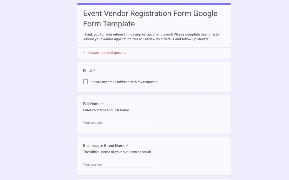 Preview of Event Vendor Registration Form Google Form Template