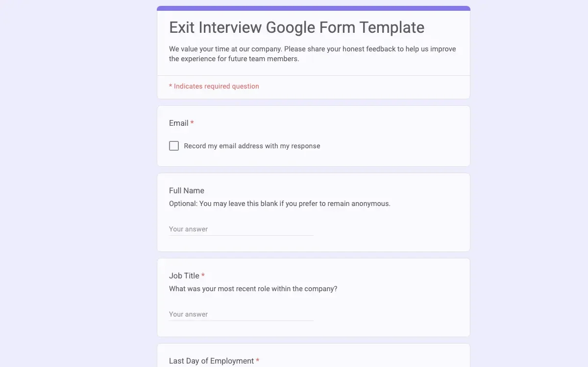 Preview of Exit Interview Google Form Template