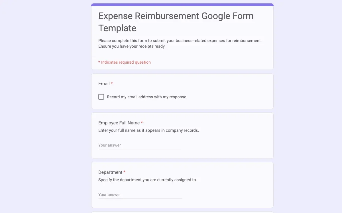 Preview of Expense Reimbursement Google Form Template