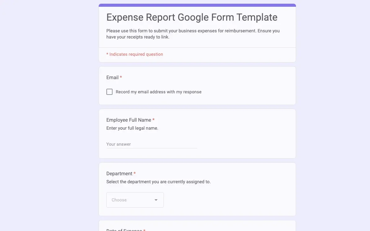 Preview of Expense Report Google Form Template