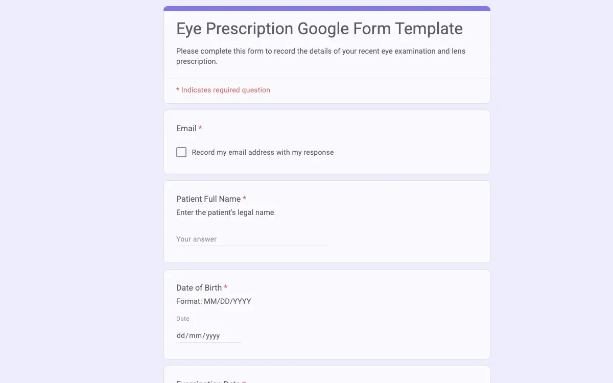 Preview of Eye Prescription Google Form Template