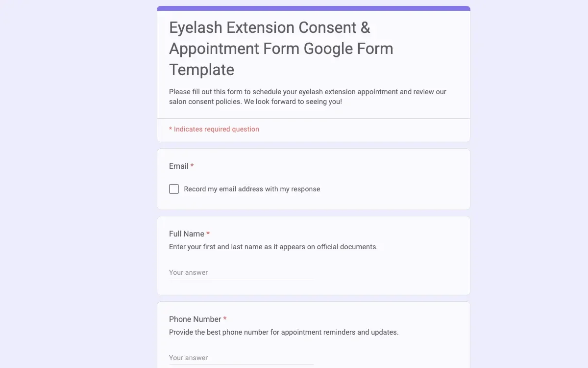 Preview of Eyelash Extension Consent & Appointment Form Google Form Template