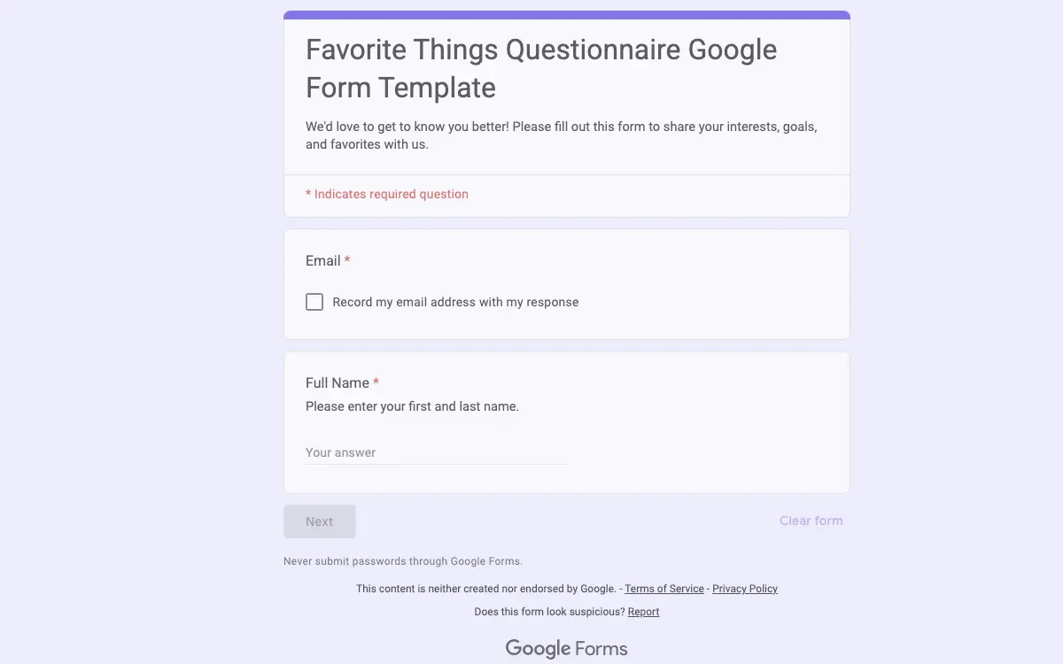 Preview of Favorite Things Questionnaire Google Form Template