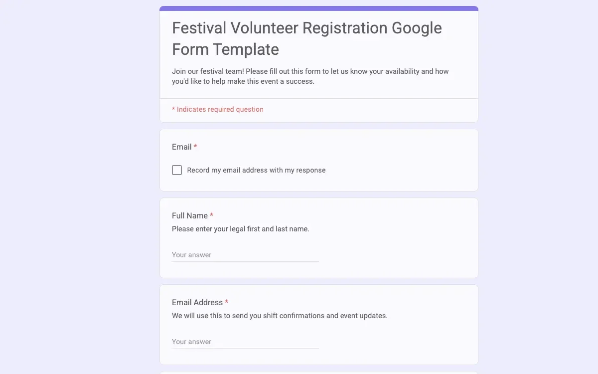 Preview of Festival Volunteer Registration Google Form Template