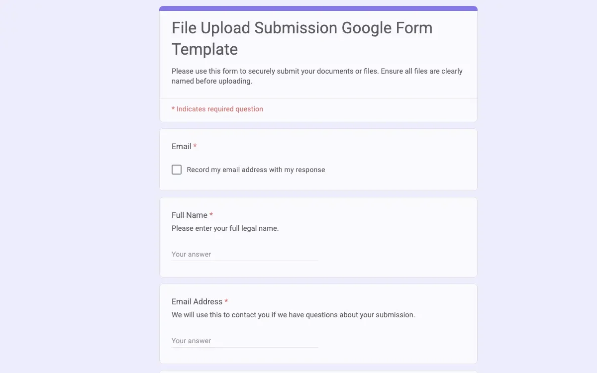 Preview of File Upload Submission Google Form Template