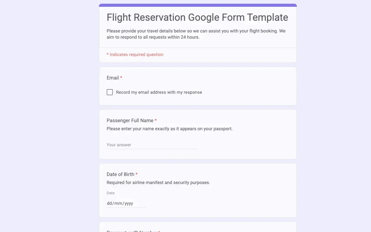 Preview of Flight Reservation Google Form Template