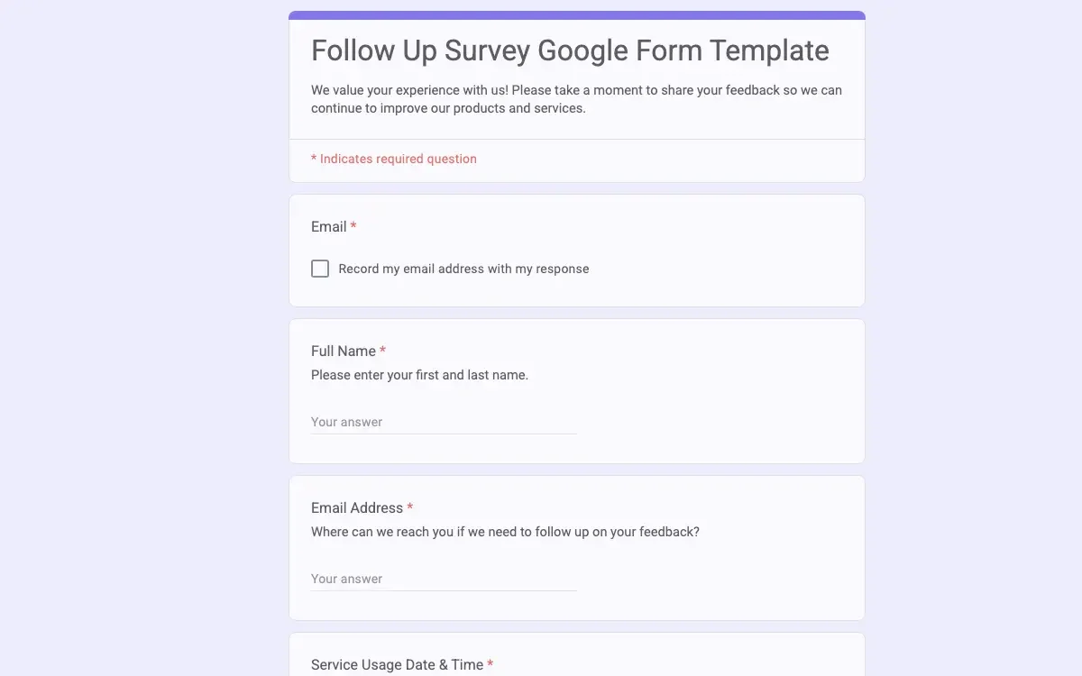 Preview of Follow Up Survey Google Form Template