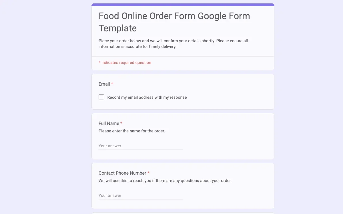 Preview of Food Online Order Form Google Form Template