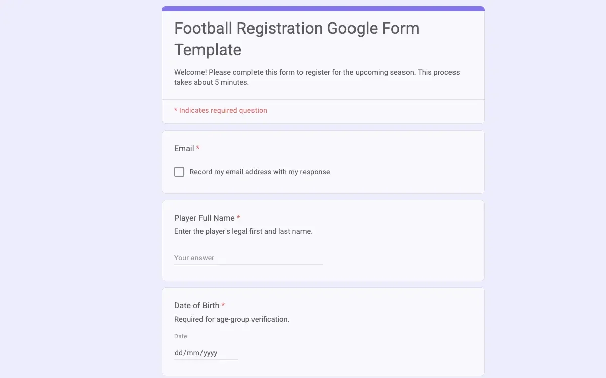 Preview of Football Registration Google Form Template