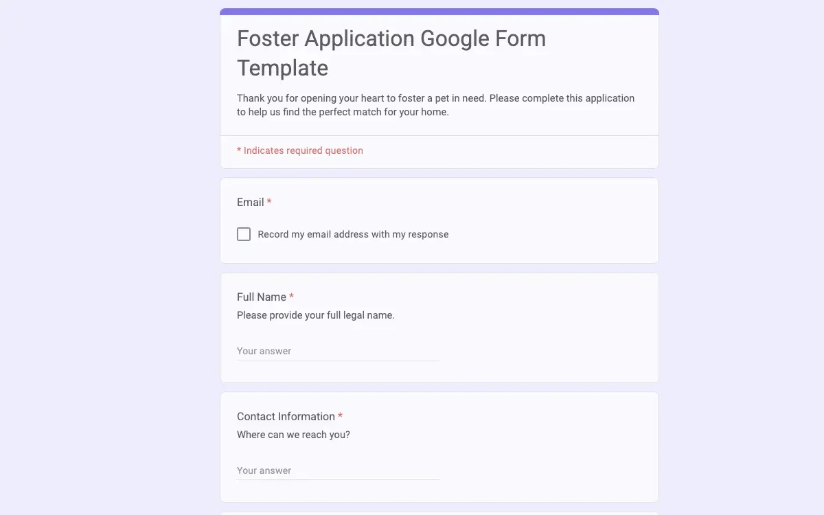 Preview of Foster Application Google Form Template